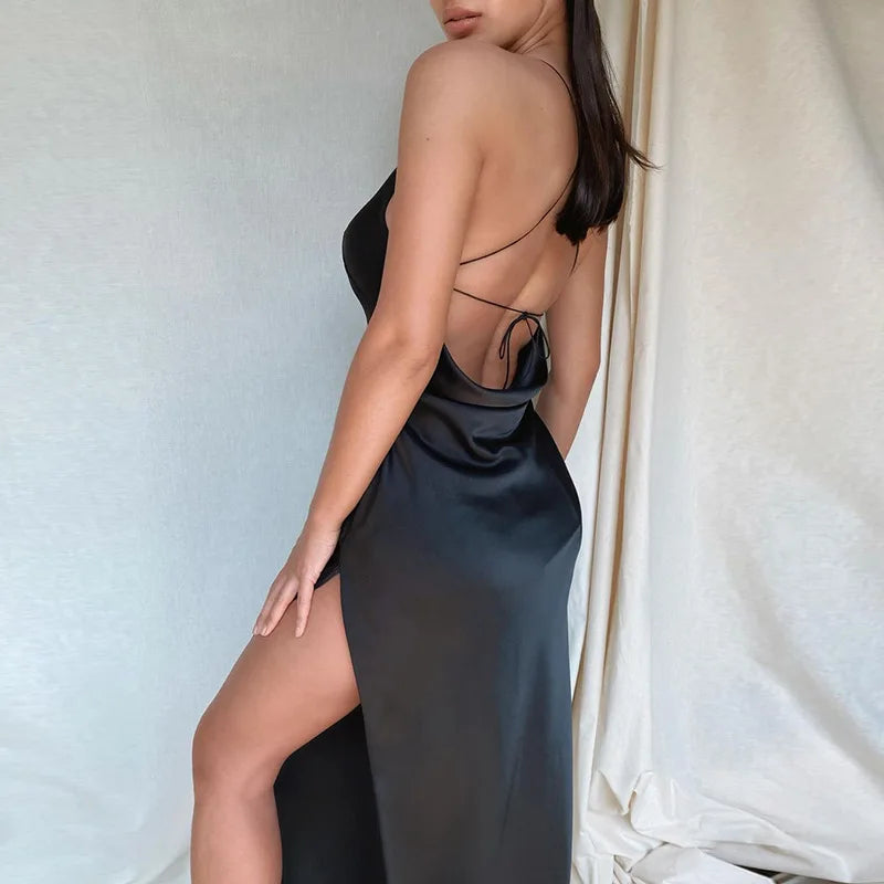 Satin Silky Backless Draped Body-con Evening Party Dress