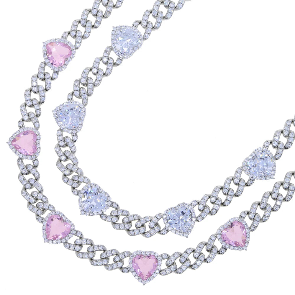 Big Pink White Heart Charm Choker Necklace