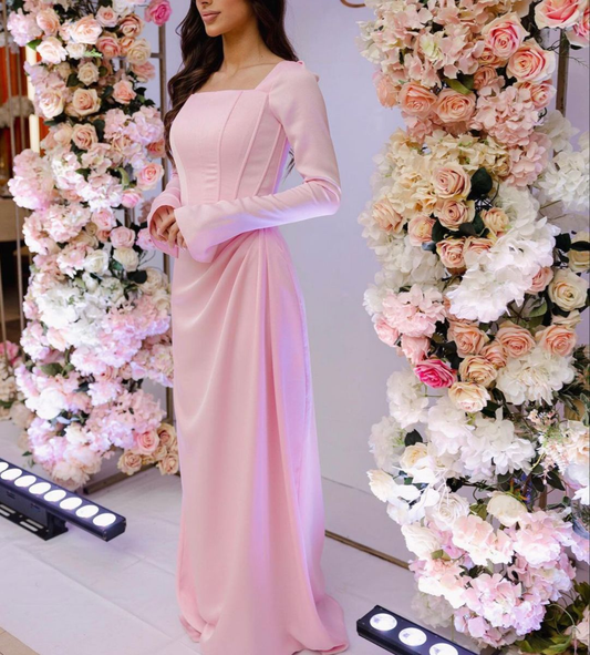 Pink Elegant Long Sleeves Pleated Mermaid Evening Dresses