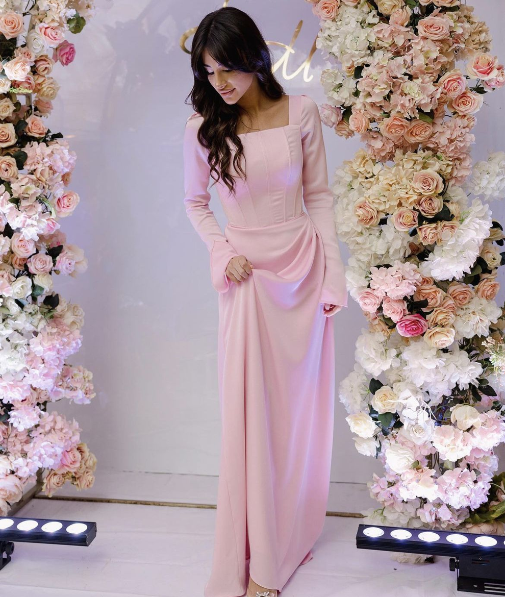 Pink Elegant Long Sleeves Pleated Mermaid Evening Dresses