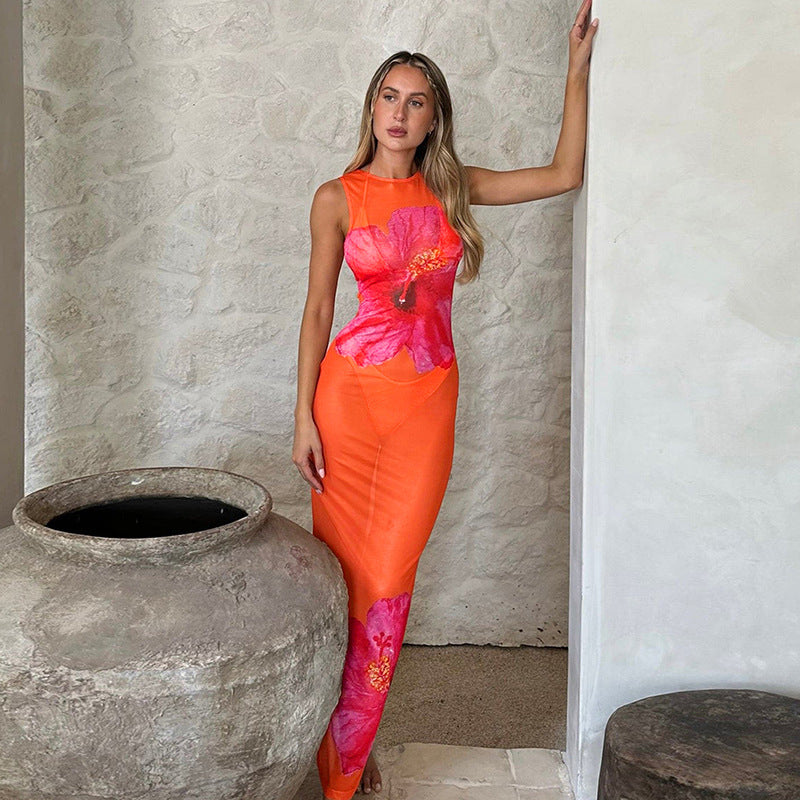 Bright Color Slim Fit Sexy See-through Sesh Elegant Dress