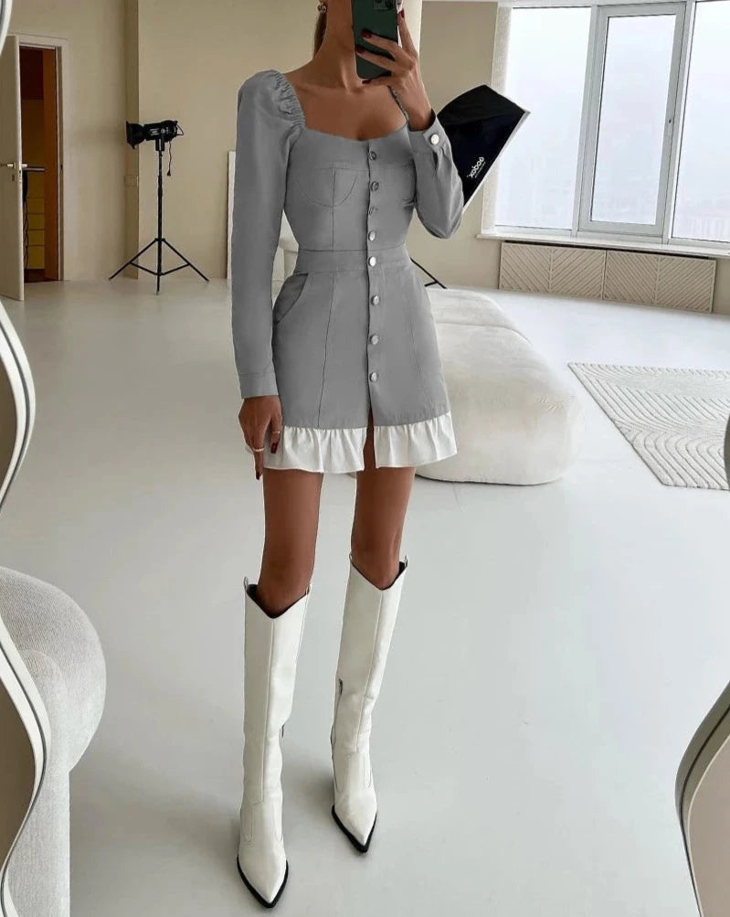 Slim Brown Women'S Sexy Square Collar Long Sleeve Mini Dresses