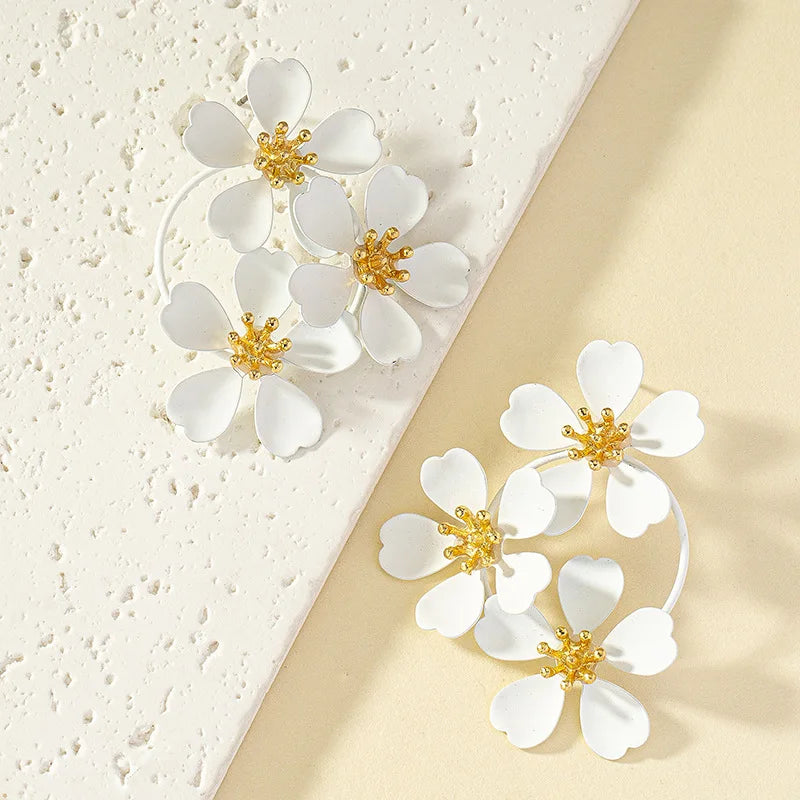 Three Camellia Flower Korean Earrings