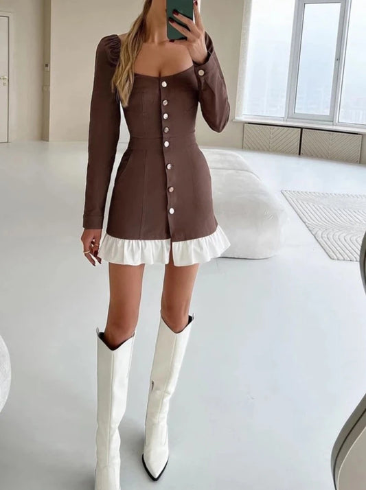 Slim Brown Women'S Sexy Square Collar Long Sleeve Mini Dresses