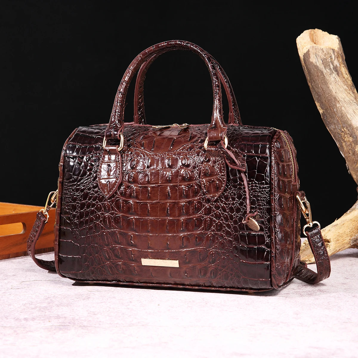 Crocodile Embossed Boston Handbag