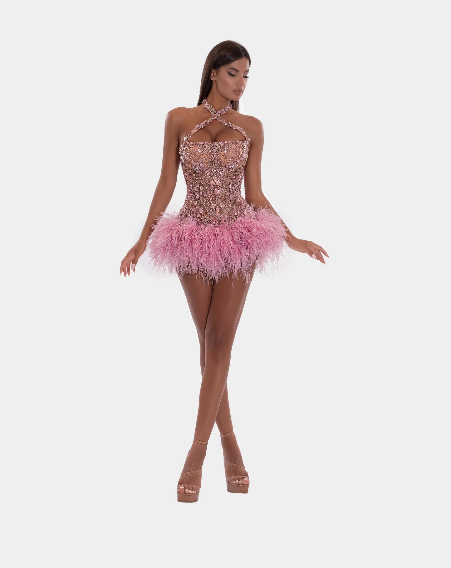 Luxury Crystals Short Pink Halter Gala event Party dress