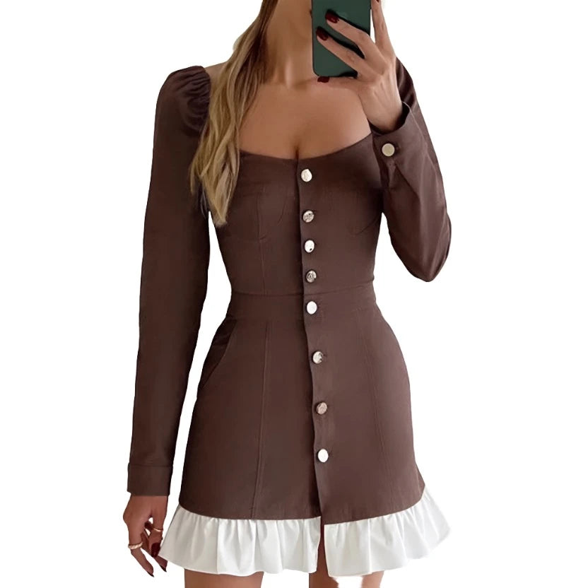 Slim Brown Women'S Sexy Square Collar Long Sleeve Mini Dresses