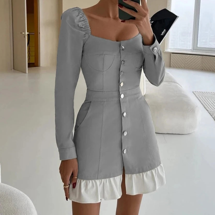 Slim Brown Women'S Sexy Square Collar Long Sleeve Mini Dresses