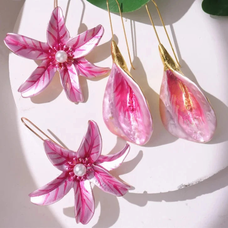 Pink Painted Large Flower Earrings.