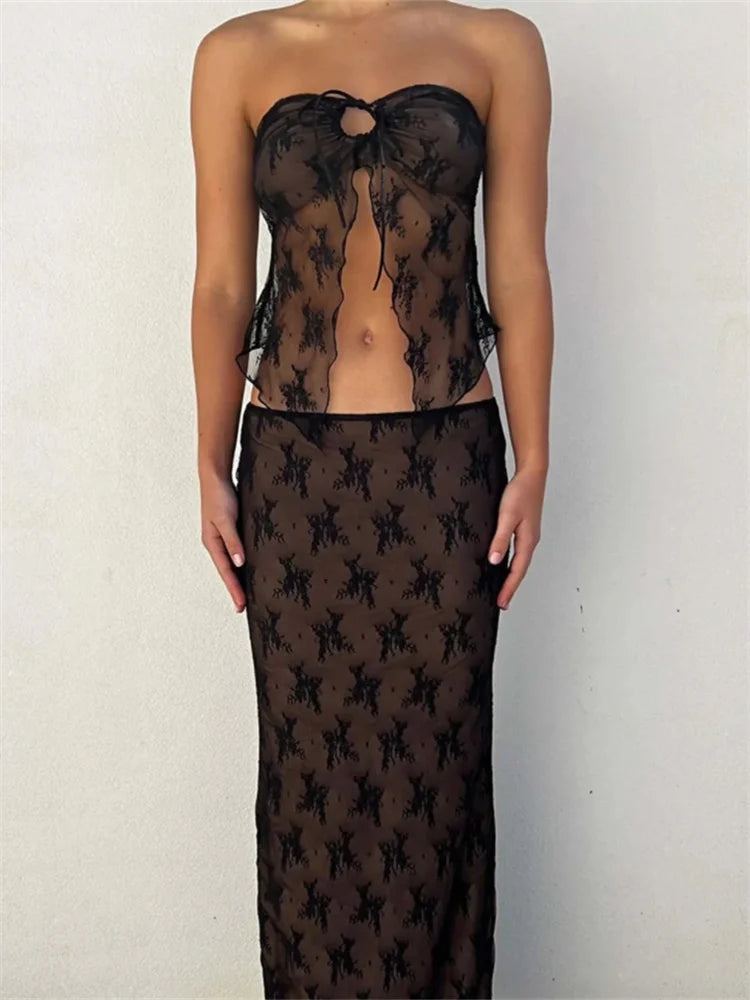 2Pcs Long Lace Bustiers Strapless Off Shoulders Set