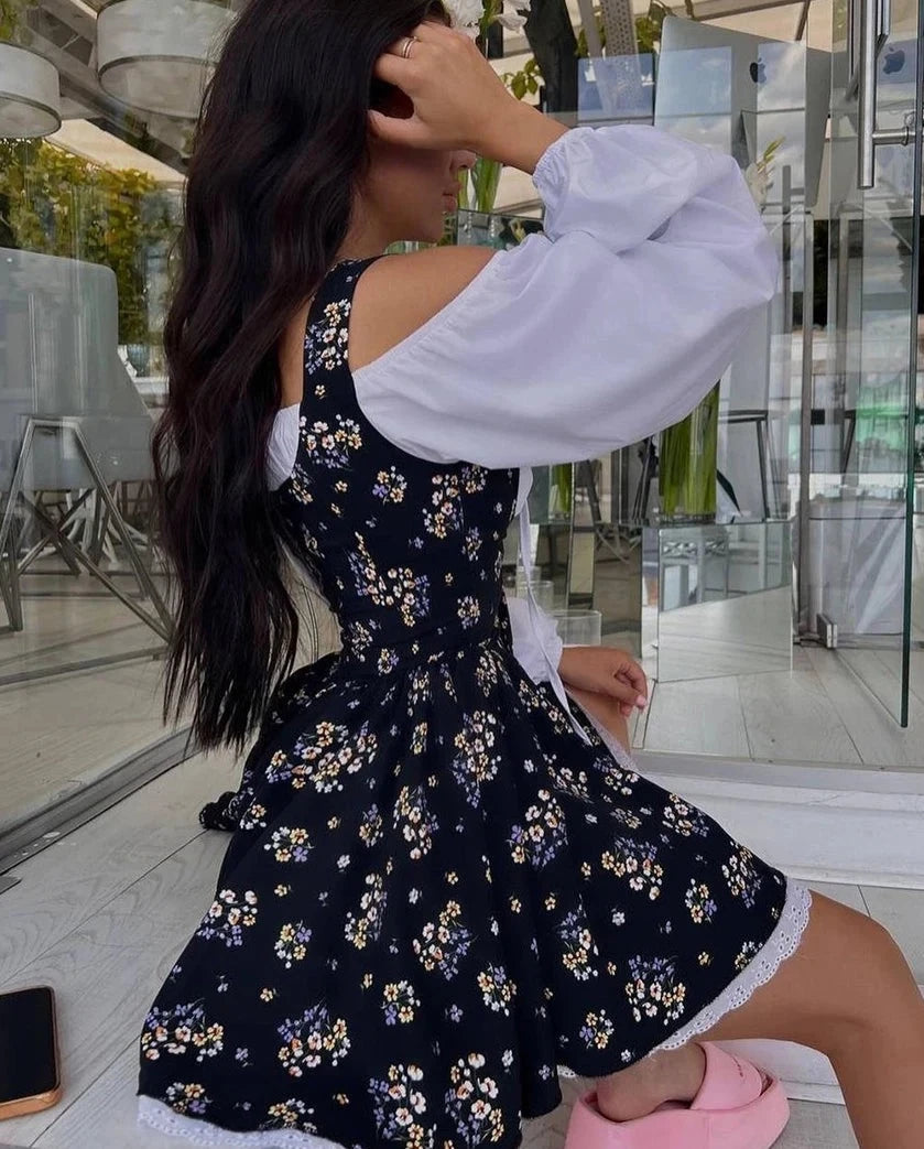 Sexy Slim Print  Collar Puff Sleeve Mini Dress