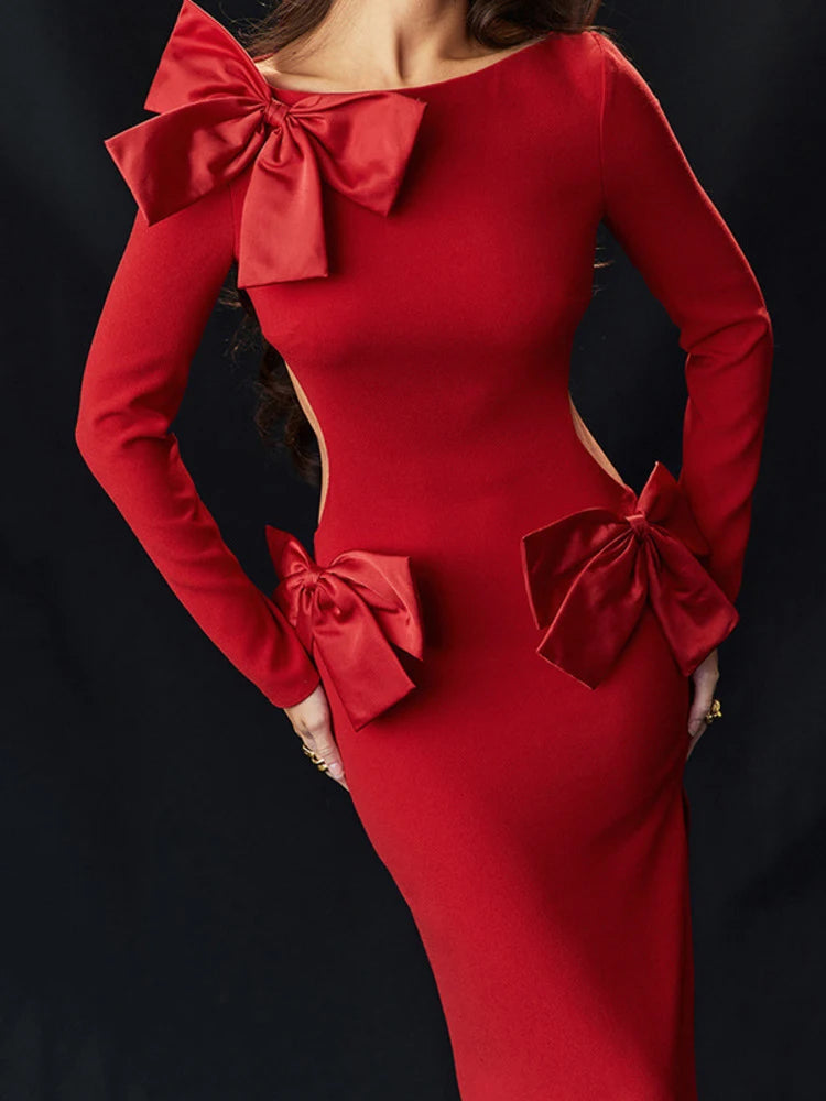 Red O Neck Long Sleeve Bodycon Dress