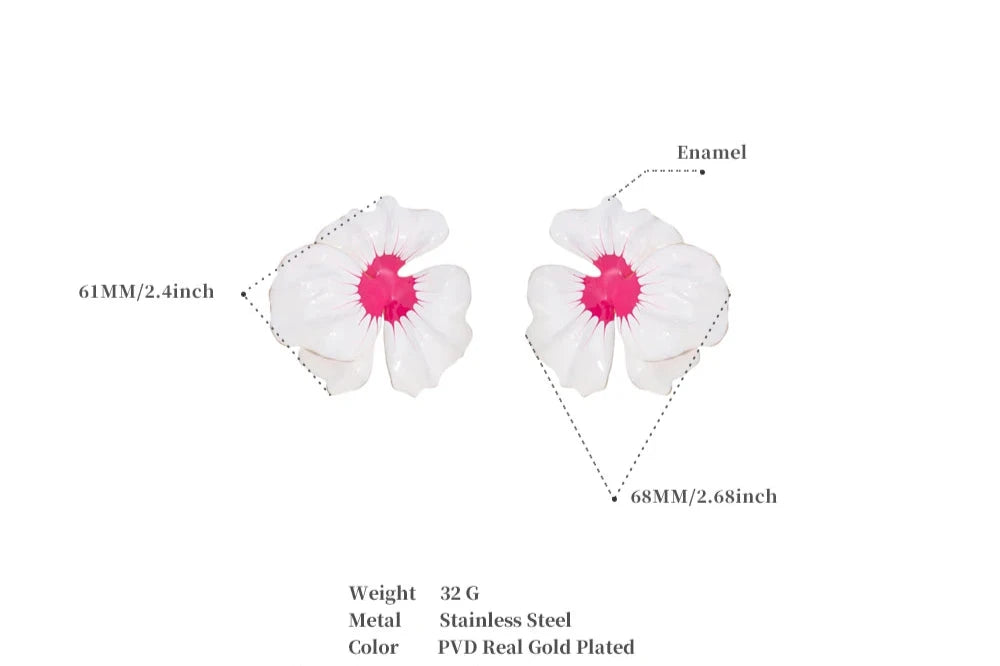 White Pink Enamel Flower Large Stud Earrings