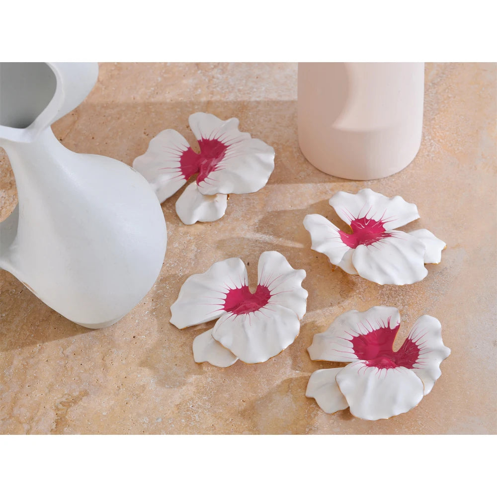 White Pink Enamel Flower Large Stud Earrings