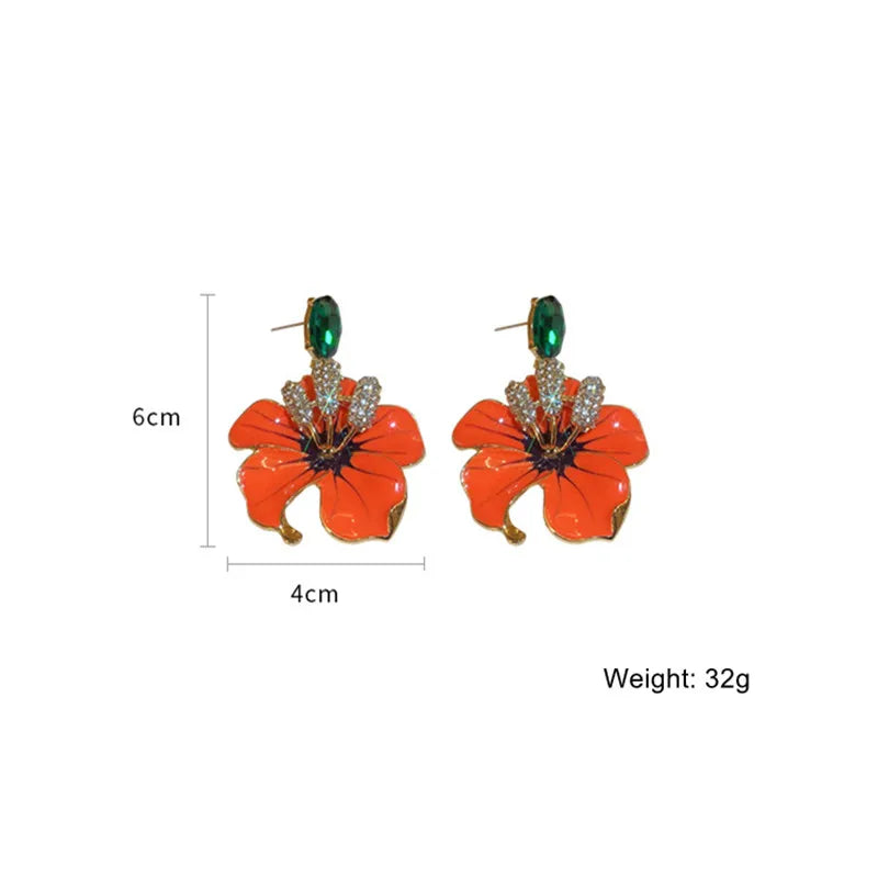 Orange Enamel Flowers Drop Earrings