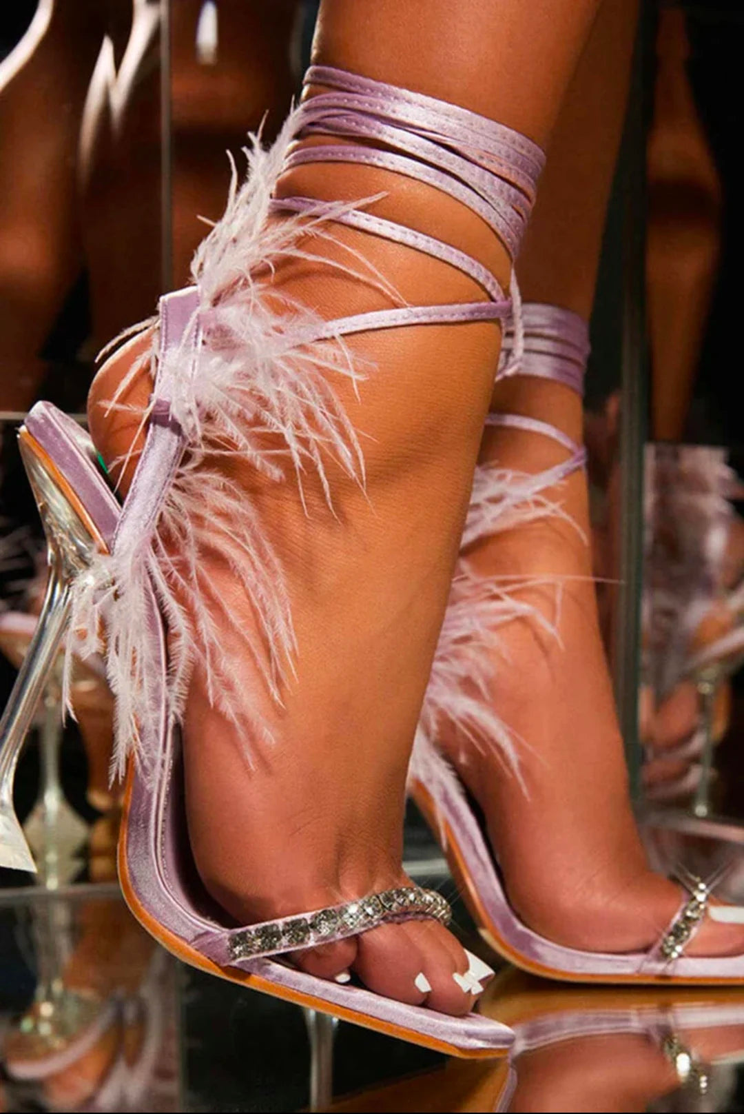 Sexy Rhinestone Feather Lace-up Heels