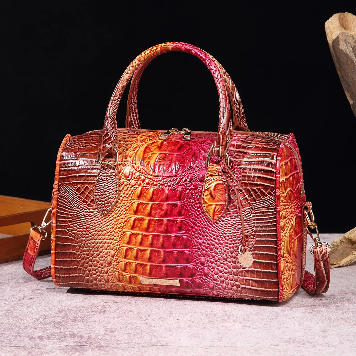 Crocodile Embossed Boston Handbag