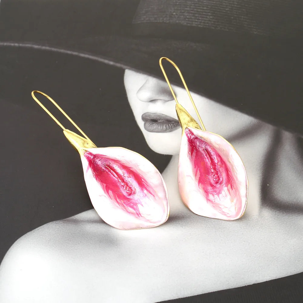 Pink Painted Large Flower Earrings.