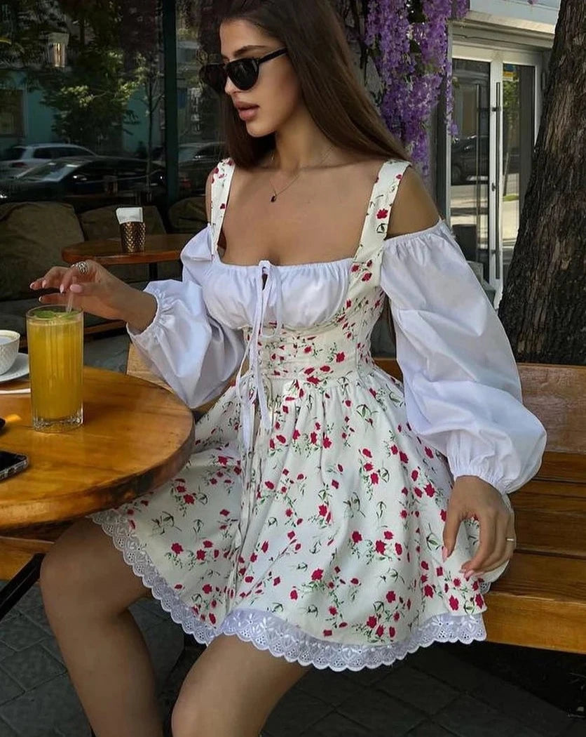 Sexy Slim Print  Collar Puff Sleeve Mini Dress