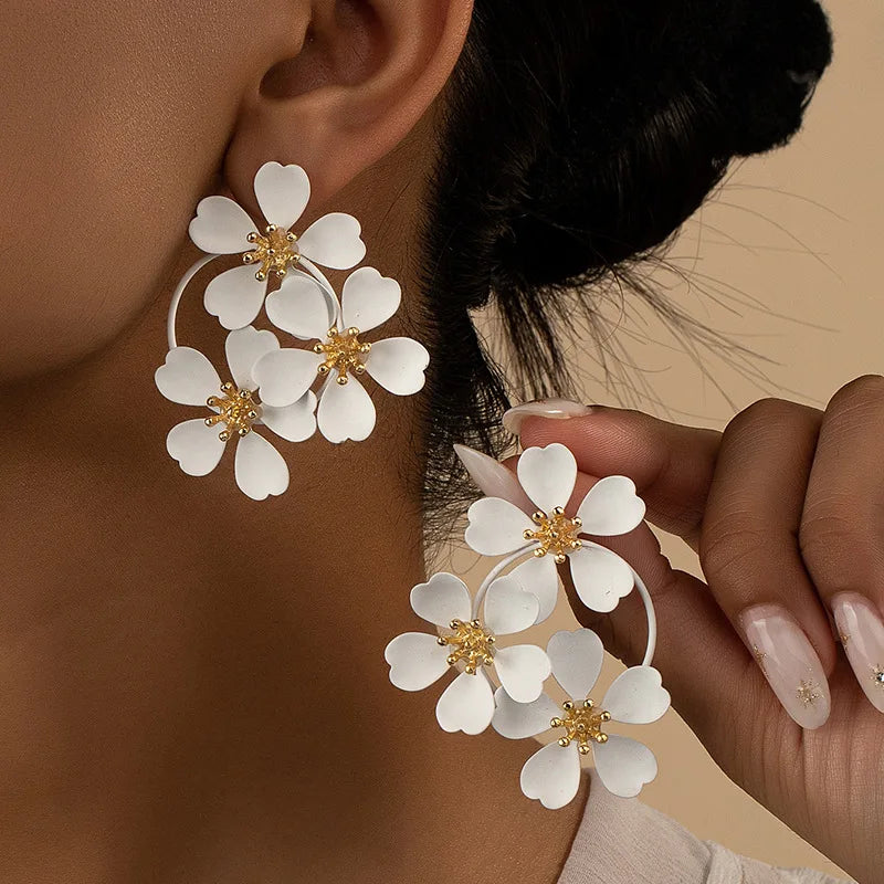 Three Camellia Flower Korean Earrings