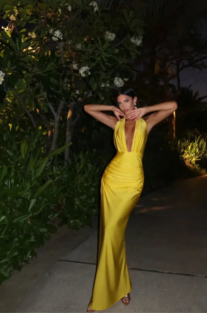 Deep V Neck Backless Sexy Yellow Club Party Evening Dress