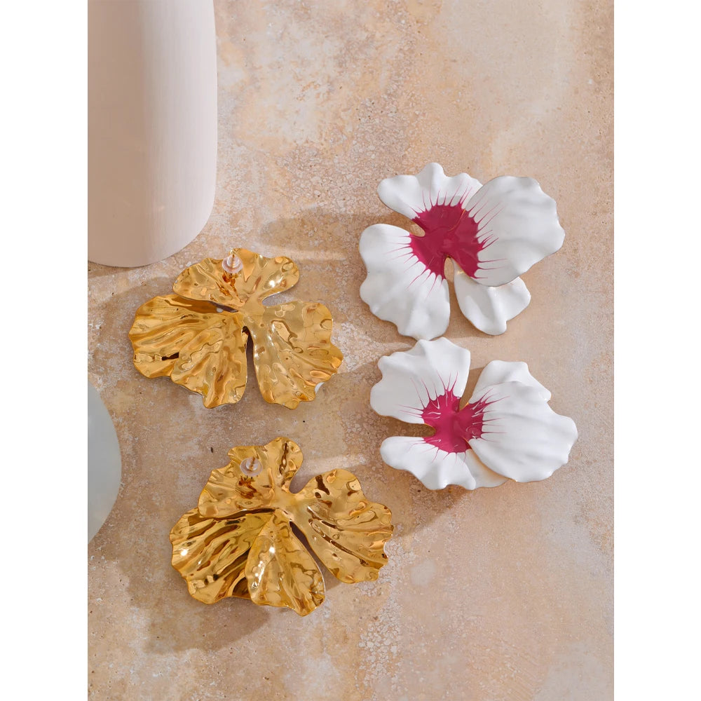 White Pink Enamel Flower Large Stud Earrings