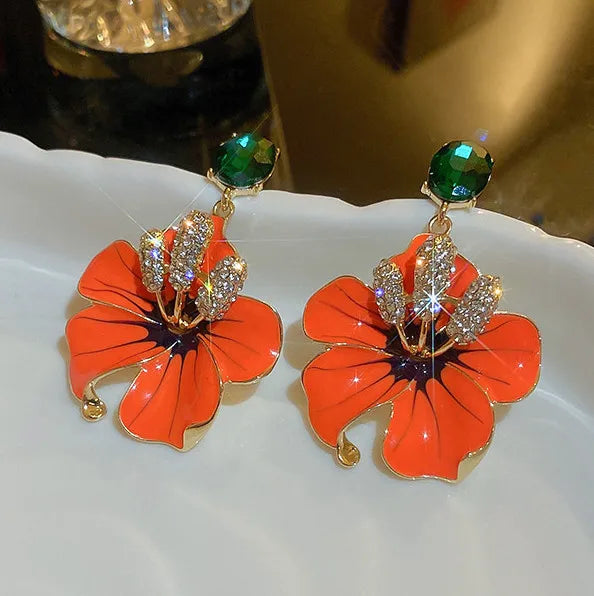 Orange Enamel Flowers Drop Earrings