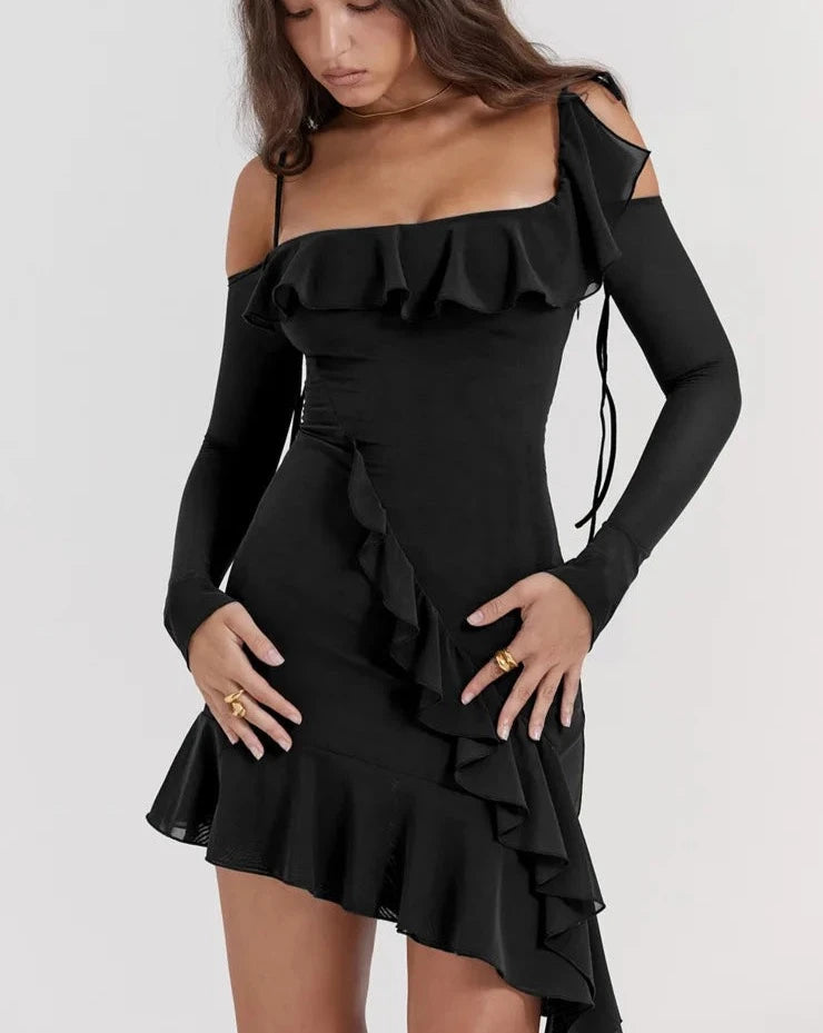 Sexy Patchwork Mesh Ruffles Long Sleeve Mini Dress