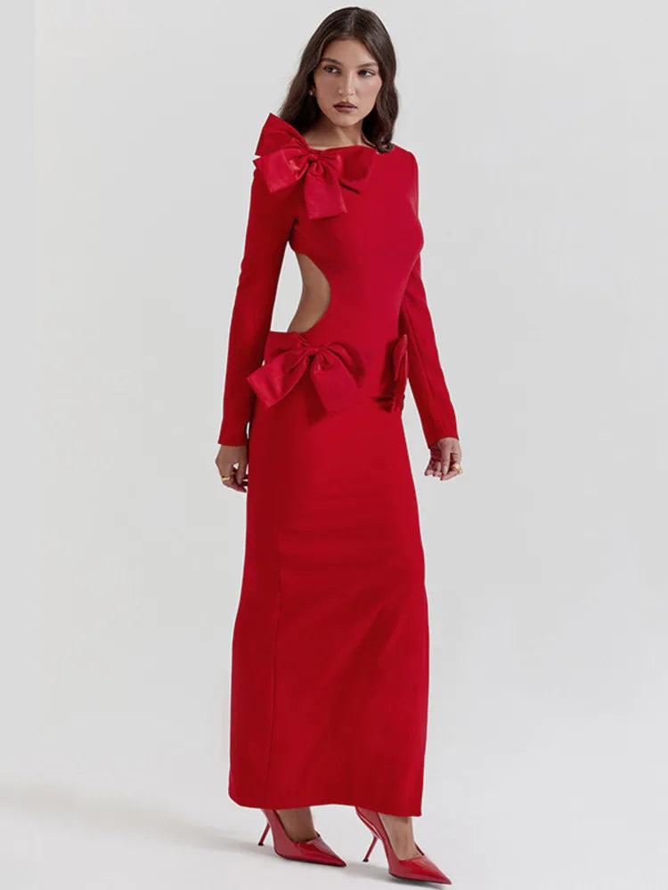 Red O Neck Long Sleeve Bodycon Dress