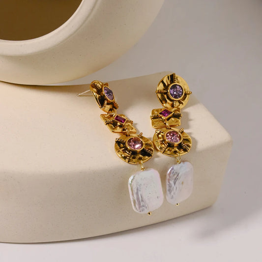 Natural Baroque Pearls Gold Plated Zircon Hoops Earrings