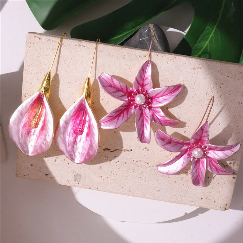 Pink Painted Large Flower Earrings.