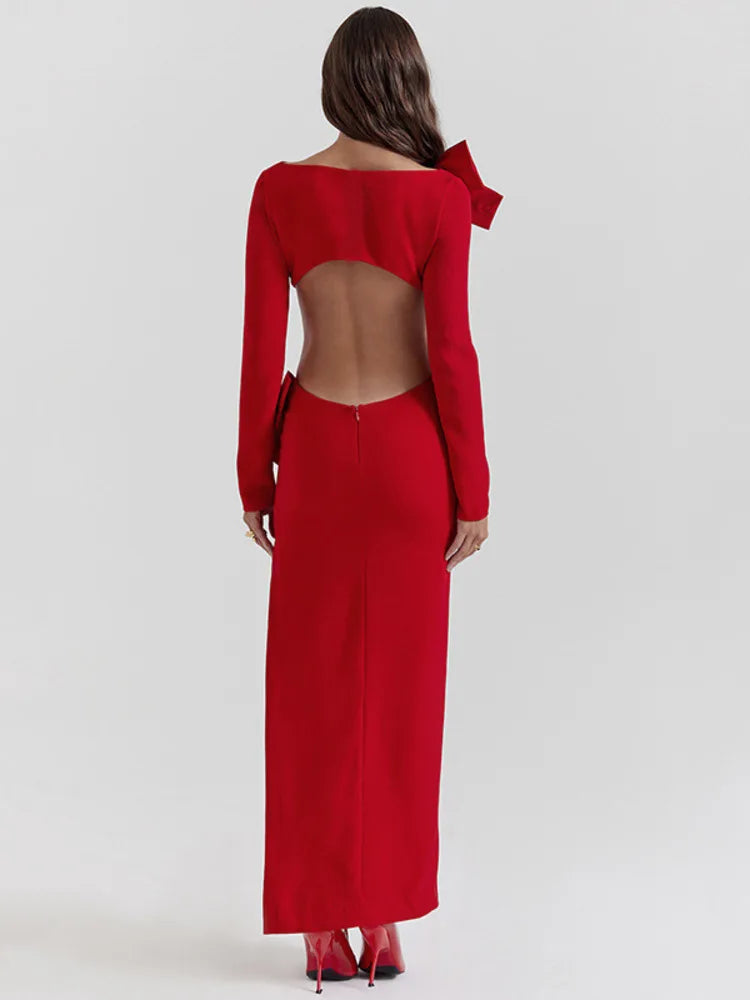 Red O Neck Long Sleeve Bodycon Dress