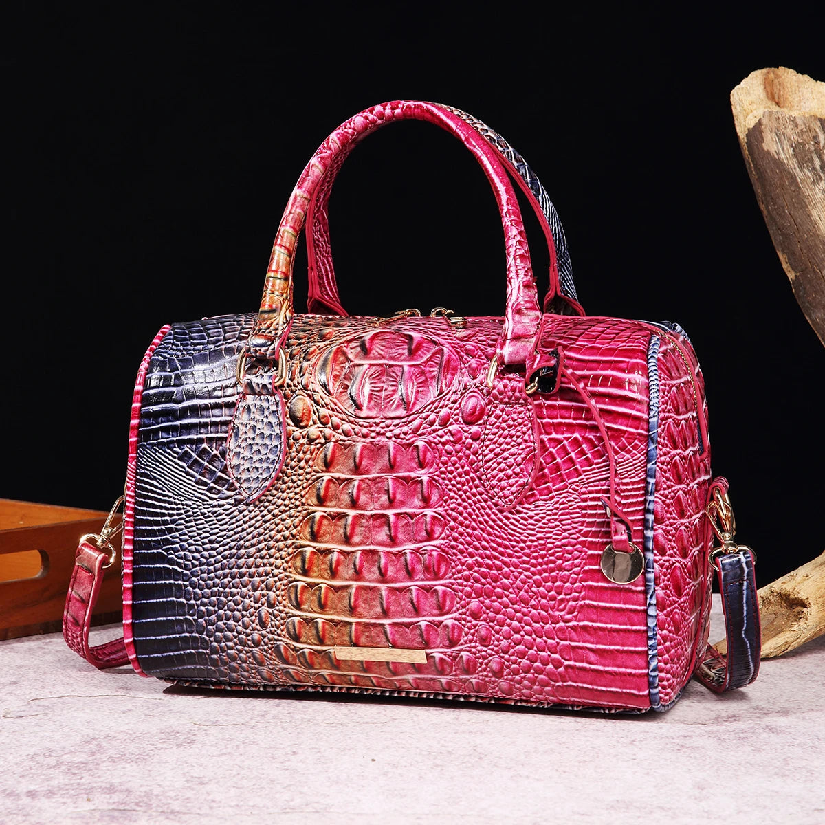 Crocodile Embossed Boston Handbag