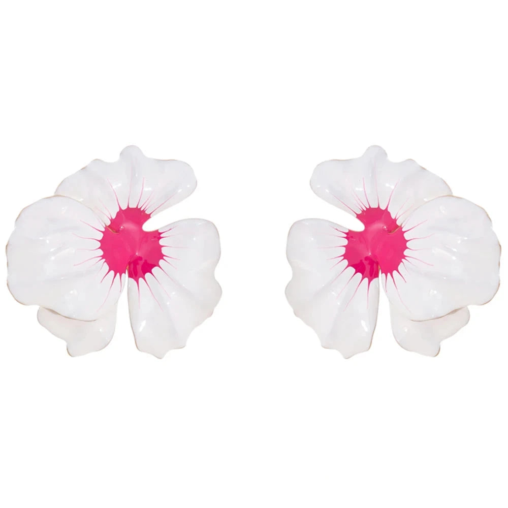 White Pink Enamel Flower Large Stud Earrings