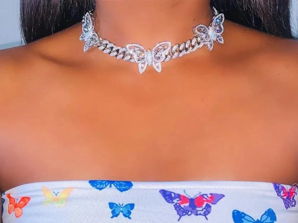 Iced Out Bling Butterfly charm Choker