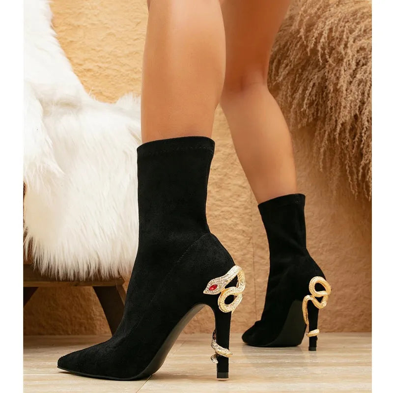 Winter Faux Suede Crystal Rhinestones Black Women Ankle Boots