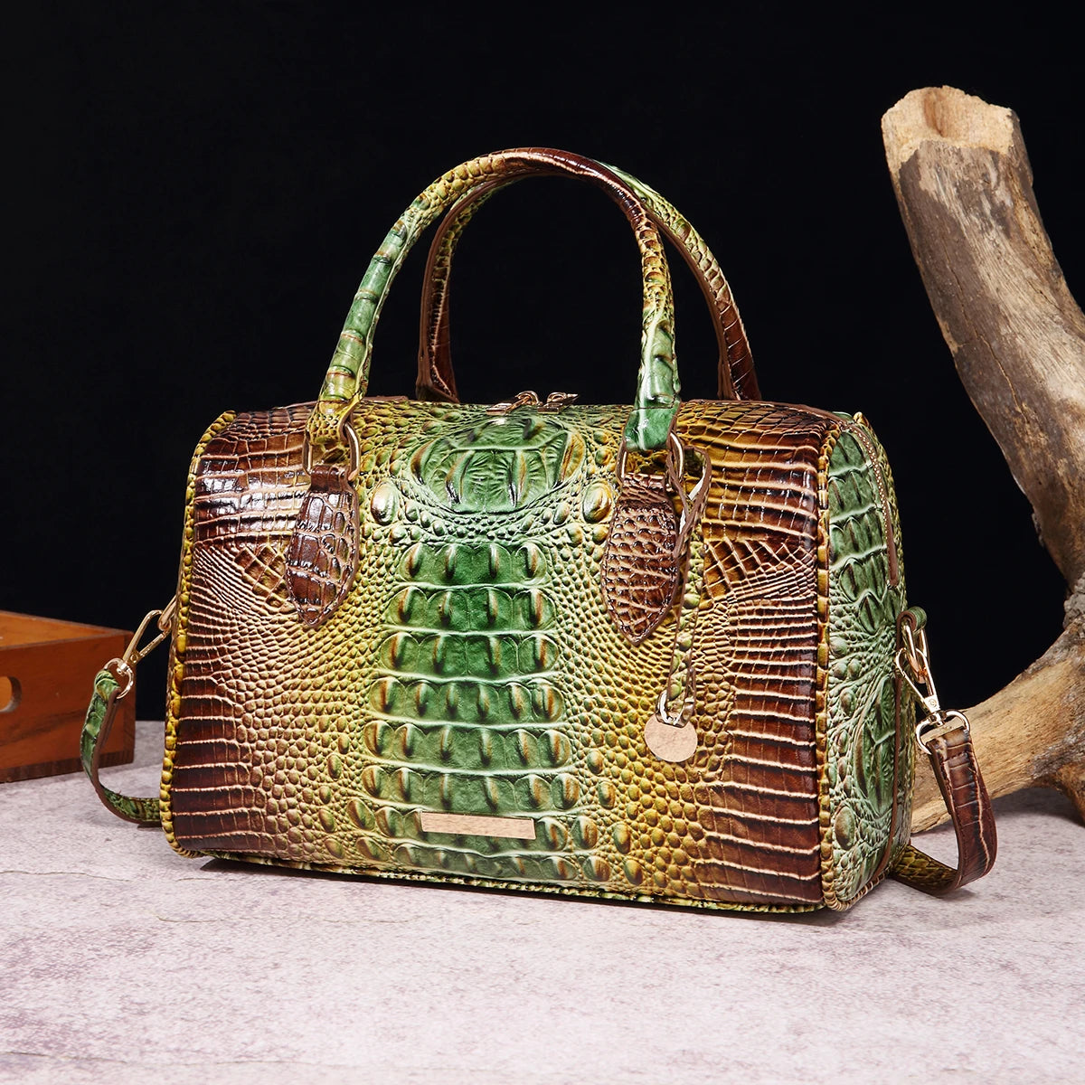 Crocodile Embossed Boston Handbag