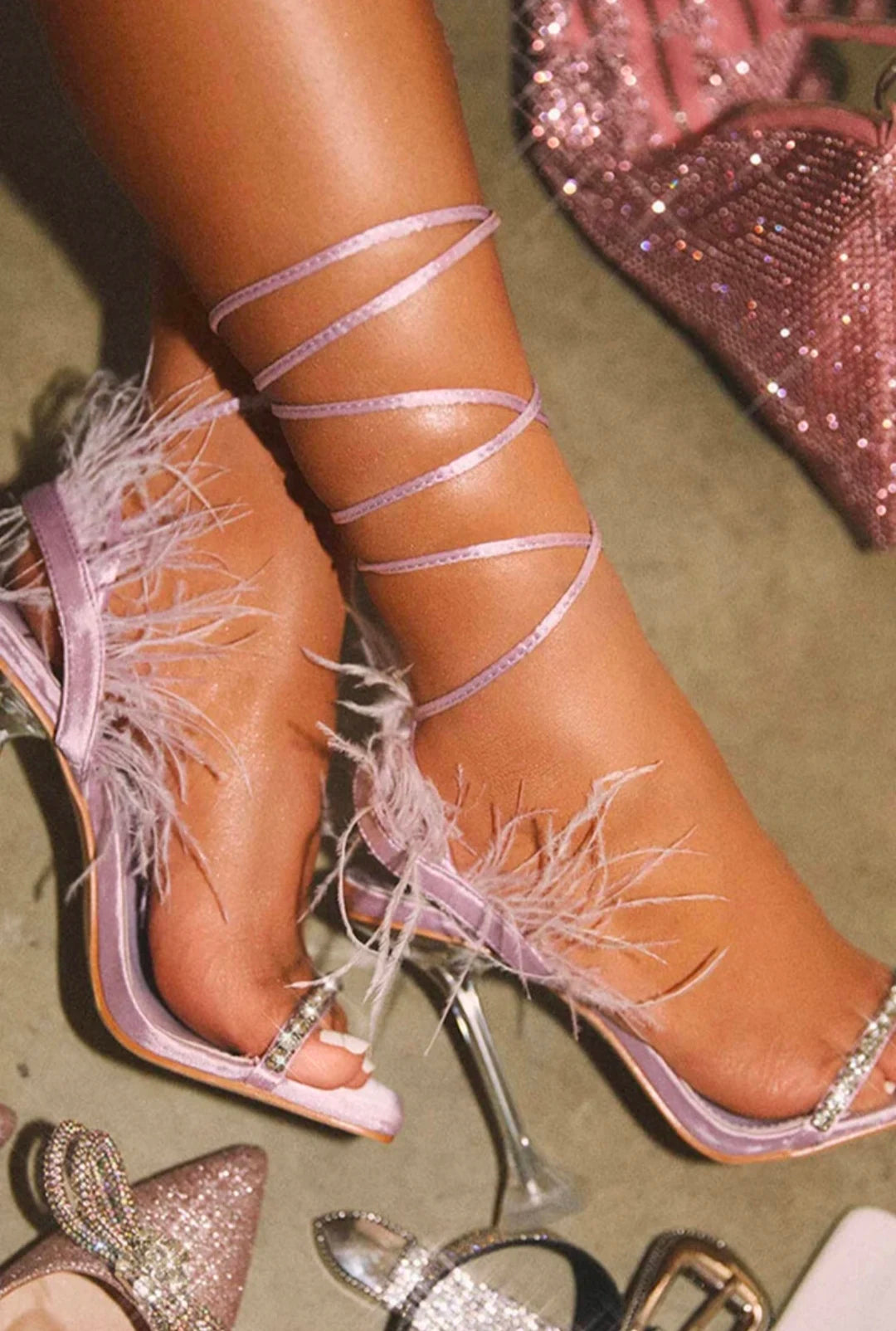 Sexy Rhinestone Feather Lace-up Heels