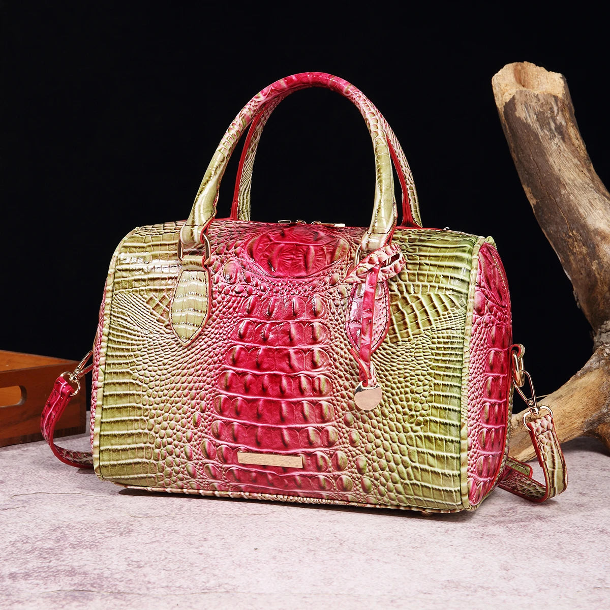 Crocodile Embossed Boston Handbag