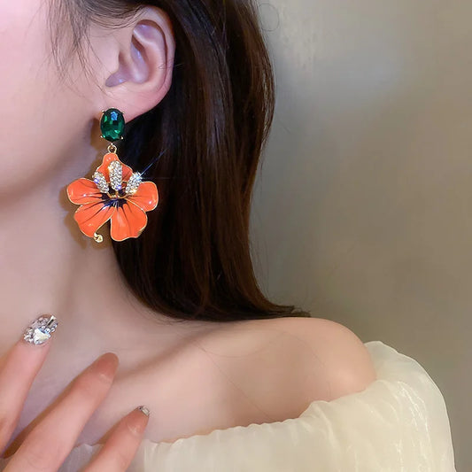 Orange Enamel Flowers Drop Earrings