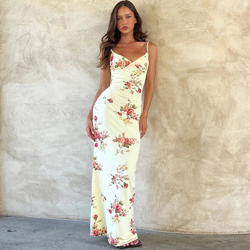 Sexy Floral Print Sleeveless Backless Bodycon Maxi Dresses