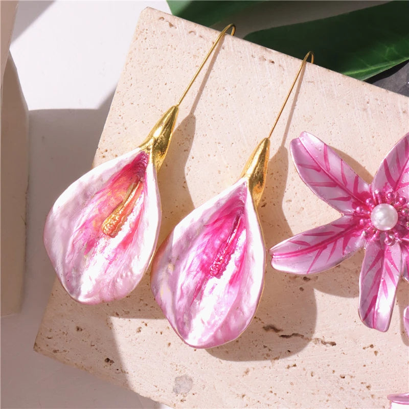 Pink Painted Large Flower Earrings.